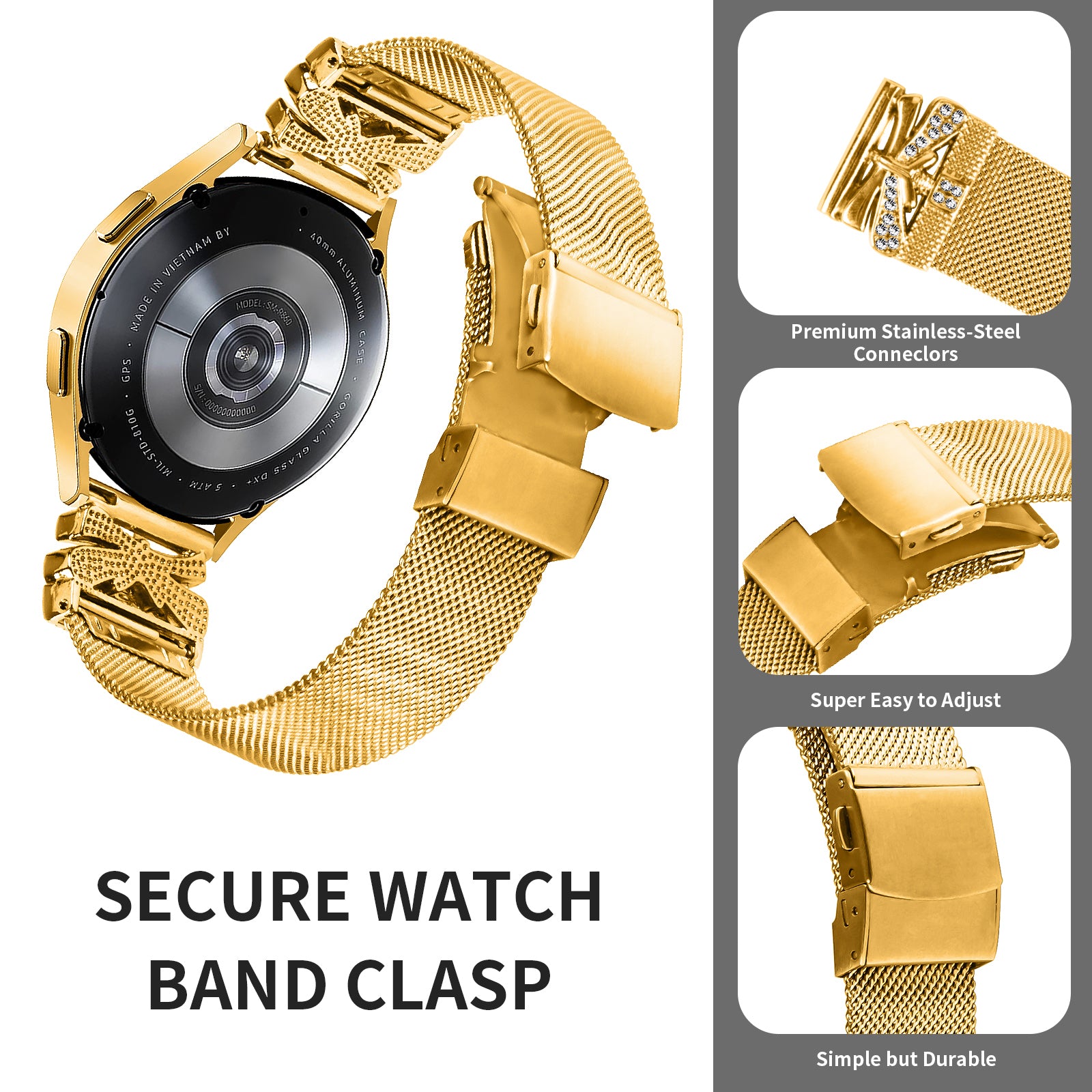 For TicWatch 2 / TicWatch E / TicWatch C2 (Black or Silver Dial) Butterfly Design Milanese Band 20mm Watch Strap - Gold For TicWatch 2 / TicWatch E / TicWatch C2 (Black or Silver Dial) Butterfly Design Milanese Band 20mm Watch Strap - Gold